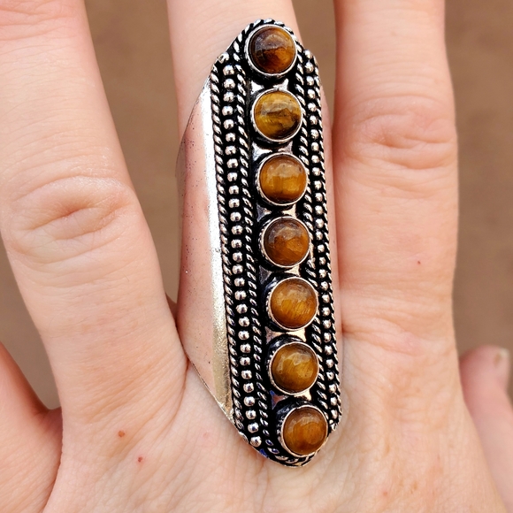 New 7 Stone Tiger Eye Adjustable Silver Statement Ring. - Picture 13 of 15